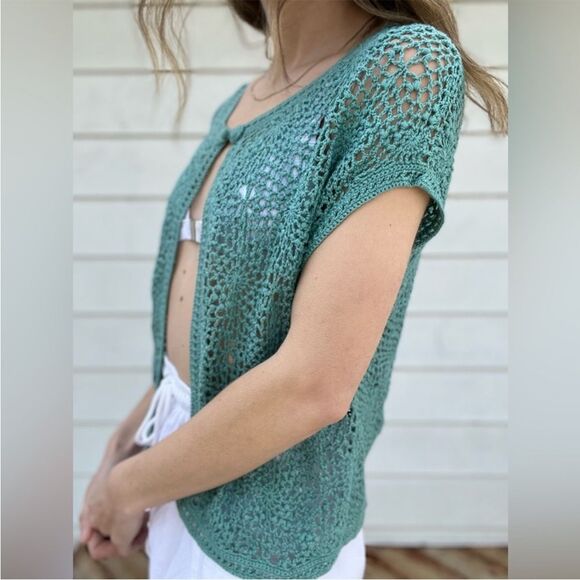 Y2K Teal Crochet Short Sleeve Cardigan Coverup Button Closure - Picture 3 of 7